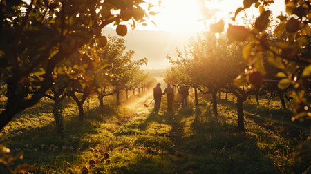 A wide shot of an apple orchard with farmers busy harvesting, their silhouettes highlighted by the bright morning sun filtering through the treesの素材