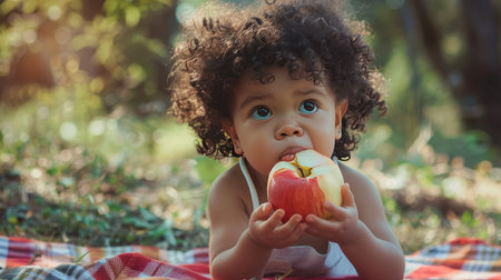 A young child enjoying a picnic, holding an apple with a big bite taken out of it, with a picnic blanket and nature in the backgroundの素材
