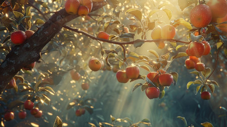 A thriving apple tree with branches full of ripe apples, basking in the warm sunlight, with rays filtering through the leavesの素材