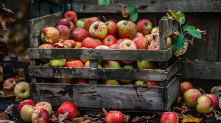 A wooden crate overflowing with colorful apples, with some apples scattered around it, creating a scene of abundance and harvestの素材