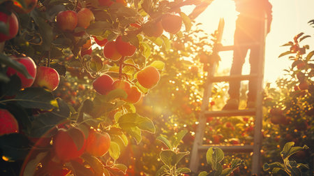 An orchard worker standing on a ladder, carefully selecting ripe apples, with sunlight creating a warm glow around the tree branches and fruitの素材