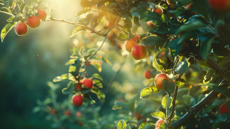 Sunlight streaming through the branches of an apple tree, highlighting the lush green leaves and the vibrant red apples growing on itの素材