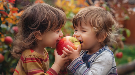 Two children sharing a large apple, each taking bites and giggling, set in a backyard with a vibrant garden backgroundの素材