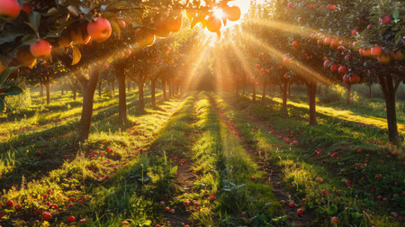 An apple orchard with rows of apple trees bathed in sunlight, the trees' shadows creating a picturesque pattern on the groundの素材