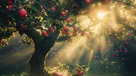 An apple tree in full bloom with sunlight shining through its canopy, creating a magical glow around the ripening applesの素材
