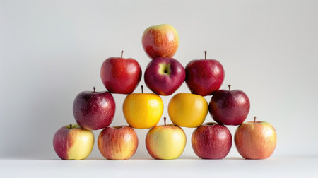Multiple apples stacked in a pyramid formation, their vibrant colors contrasting sharply with the white backgroundの素材