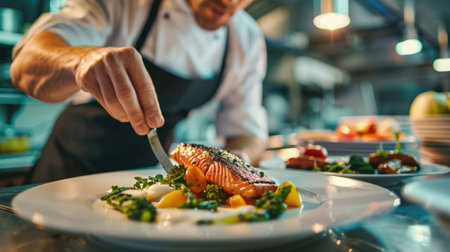 A chef plating a gourmet dish in a fine dining restaurant, adding the final touches.の素材
