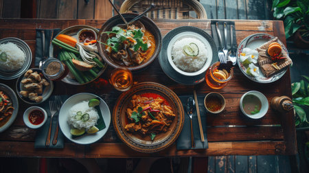 A cozy Thai restaurant table set with a delicious spread, featuring Phanaeng Curry as the star dish, surrounded by other traditional Thai dishes --ar 16:9 Job ID: d3f87c6a-0e03-4048-86d9-478d265cf2e1の素材