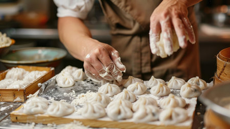 A chef in action, carefully folding and sealing tangbao dumplings, with a tray of finished dumplings ready to be steamed in the backgroundの素材