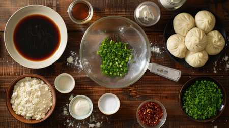 An overhead shot of a kitchen counter with ingredients for both Phanaeng Curry and ceviche mixto: coconut milk, curry paste, fresh seafood, lime, and cilantroの素材