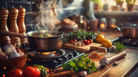 A cozy home kitchen setting with a pot of homemade simmering on the stove, surrounded by fresh ingredients and spicesの素材