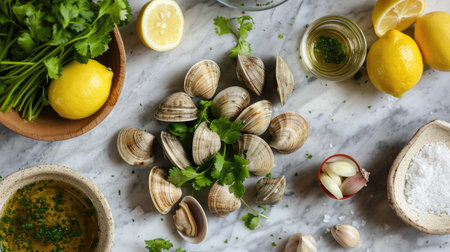 An overhead shot of a kitchen counter with ingredients for both Phanaeng Curry and ceviche mixto: coconut milk, curry paste, fresh seafood, lime, and cilantroの素材