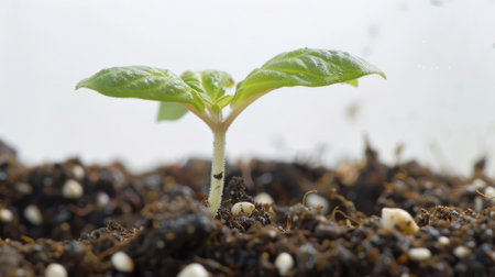 A close-up of a seedling just starting to sprout from the soil, with tiny leaves beginning to unfurl, against a clean white backgroundの素材