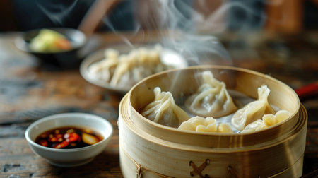 A steaming bamboo basket opened to reveal hot tangbao dumplings, with steam rising and a dipping sauce of vinegar and ginger on the side --ar 16:9 Job ID: 441f7ff3-d687-4c09-9b3d-b21597d693dcの素材