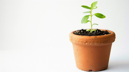 A small pot with a newly sprouted seedling, showcasing the potential for growth and renewal, set against a white backgroundの素材