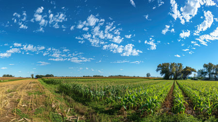 A wide-angle shot of a flourishing cornfield with a bright blue sky and a few scattered clouds, capturing the essence of rural farmingの素材