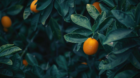 A detailed shot of a single orange tree, showcasing the contrast between the dark green leaves and the bright orange fruitsの素材