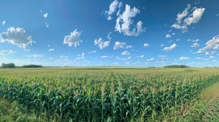 A wide-angle shot of a flourishing cornfield with a bright blue sky and a few scattered clouds, capturing the essence of rural farmingの素材