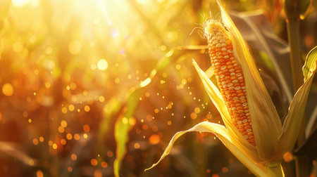 A fresh corncob partially husked, revealing golden kernels, set against the backdrop of a sunlit organic corn field in the morningの素材