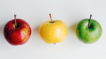 A group of three different colored apples - red, green, and yellow - arranged neatly on a white background, highlighting their diversityの素材