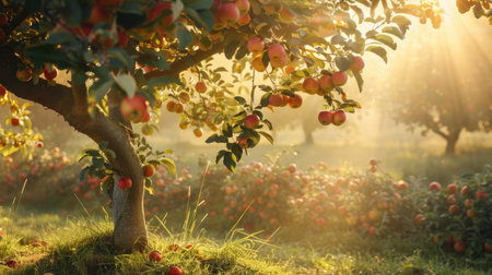 A beautiful apple tree standing tall in an orchard, its branches heavy with apples, illuminated by the golden morning sunの素材