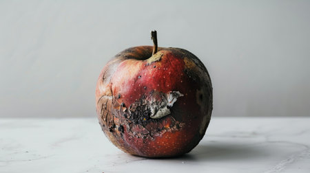 A rotten apple with dark, sunken areas and mold, sitting alone on a white surface, showcasing the effects of spoilageの素材