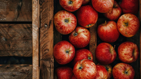 A close-up of bright red apples packed tightly in a wooden crate, highlighting their glossy skins and the natural texture of the crateの素材