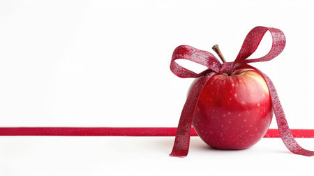 A red apple with a decorative ribbon tied around its stem, set against a white background, perfect for a gift or festive themeの素材