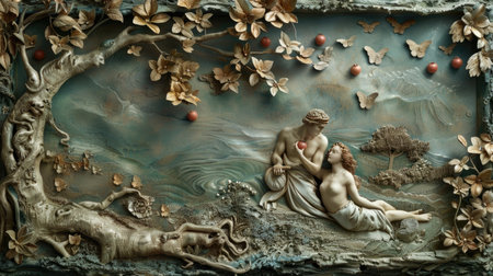 A serene scene depicting Adam and Eve in the Garden of Eden, taking a bite from the apple, with the tree of knowledge and a beautifully detailed, natural backgroundの素材