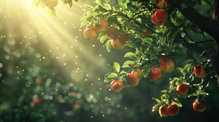 A thriving apple tree with branches full of ripe apples, basking in the warm sunlight, with rays filtering through the leavesの素材