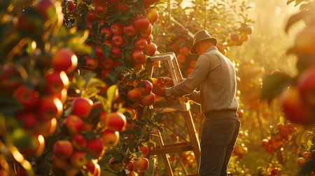 An orchard worker standing on a ladder, carefully selecting ripe apples, with sunlight creating a warm glow around the tree branches and fruitの素材