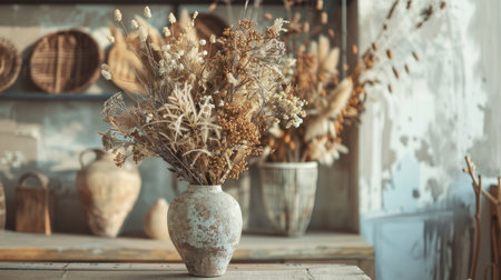 A beautiful arrangement of dried flowers in earth tones, displayed in a rustic vase on a wooden tableの素材