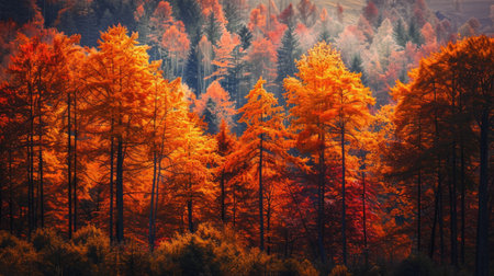 A beautiful autumn landscape with trees in vibrant shades of orange, red, and brown, creating a stunning viewの素材