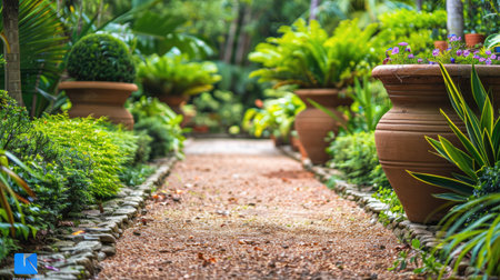 A beautiful garden with a stone path, lush green plants, and earth-tone flower pots creating a serene spaceの素材
