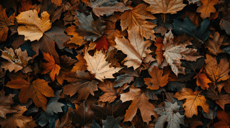 A close-up of a beautiful autumn forest floor covered in fallen leaves in shades of brown, orange, and goldの素材