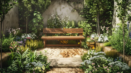 A charming garden with a wooden bench, surrounded by flowers and plants in shades of green, brown, and beigeの素材