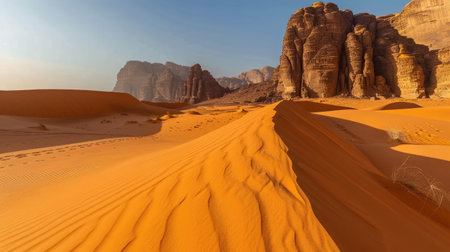 A close-up of a beautiful desert landscape with golden sand dunes and rugged rock formations under a clear skyの素材