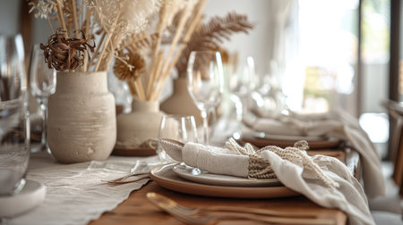 A close-up of a beautifully set table with earth-tone dinnerware, linen napkins, and natural decorationsの素材