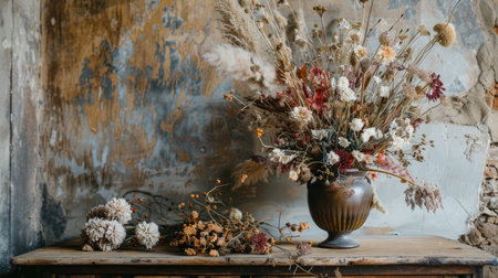 A beautiful arrangement of dried flowers in earth tones, displayed in a rustic vase on a wooden tableの素材