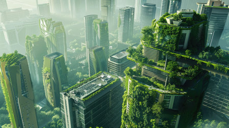 A futuristic cityscape with green buildings, vertical gardens, and advanced sustainable technologyの素材
