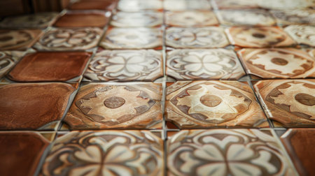 A close-up of beautifully patterned brown and beige ceramic tiles, creating a stunning floor designの素材
