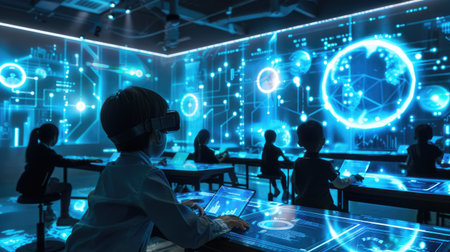 A futuristic classroom with students using holographic tablets, virtual reality, and advanced learning toolsの素材