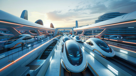 A futuristic transportation hub with autonomous vehicles, high-speed trains, and advanced navigation systemsの素材