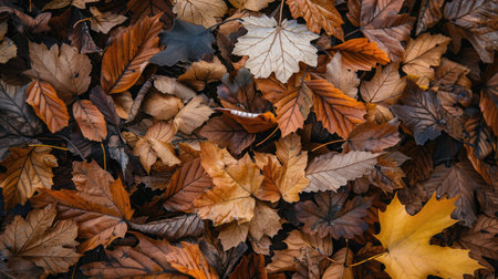 A close-up of a beautiful autumn forest floor covered in fallen leaves in shades of brown, orange, and goldの素材