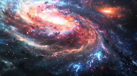 A close-up of a galaxy, showcasing its vibrant colors, swirling patterns, and sparkling starsの素材