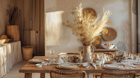 A charming dining area with a wooden table, earth-tone linens, and natural decorations creating a warm atmosphereの素材