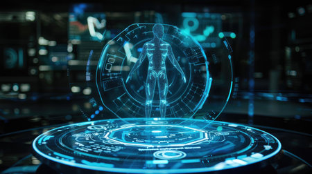 A futuristic digital assistant, represented by a holographic figure, providing information and performing tasksの素材