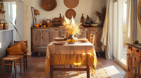 A charming dining area with a wooden table, earth-tone linens, and natural decorations creating a warm atmosphereの素材