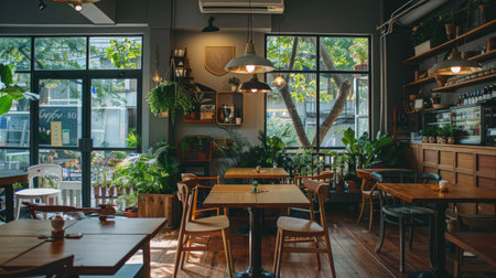 A cozy cafe with earth-tone decor, wooden tables, and green plants creating a welcoming ambianceの素材