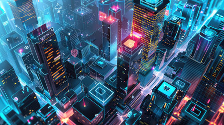 A digital cityscape with interconnected buildings, showcasing advanced IoT technology and smart infrastructureの素材